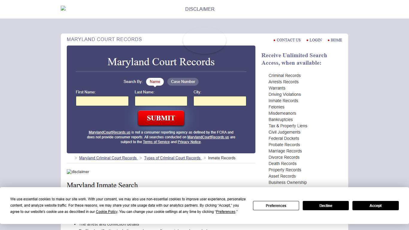 Maryland Inmate Search | MarylandCourtRecords.us
